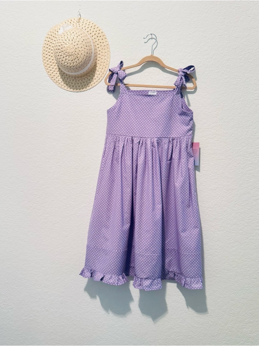 Girls' Lavender Polka Dot Tie-Shoulder  100% cotton Summer Dress
